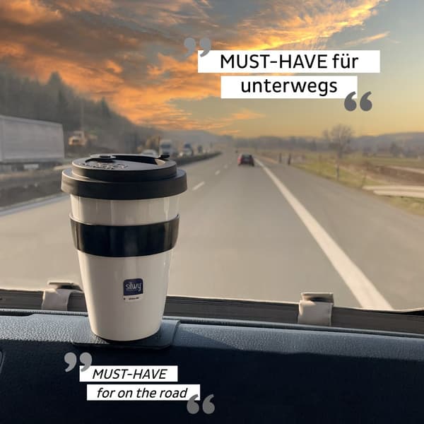 Magnetisk kaffe/tekopp i porslin Silwy Porcelain To-Go, vit/svart, 35 cl / 350 ml + magnetiskt glasunderlägg + lock
