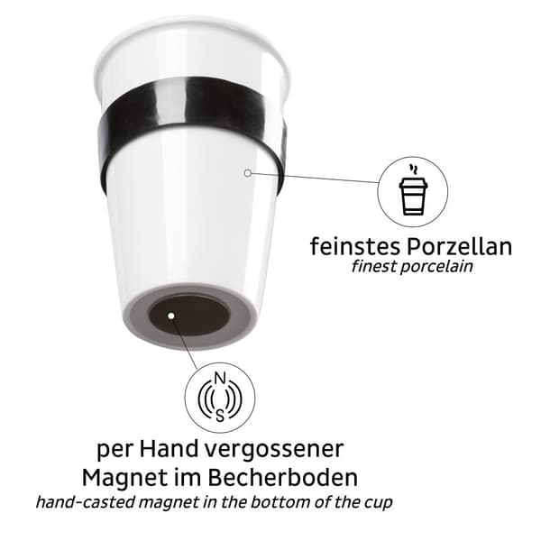Magnetisk kaffe/tekopp i porslin Silwy Porcelain To-Go, vit/svart, 35 cl / 350 ml + magnetiskt glasunderlägg + lock