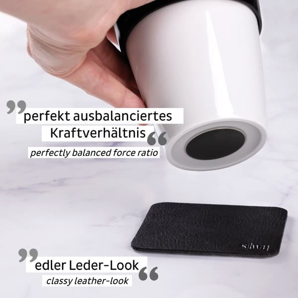 Magnetisk kaffe/tekopp i porslin Silwy Porcelain To-Go, vit/svart, 35 cl / 350 ml + magnetiskt glasunderlägg + lock