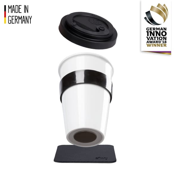 Magnetisk kaffe/tekopp i porslin Silwy Porcelain To-Go, vit/svart, 35 cl / 350 ml + magnetiskt glasunderlägg + lock