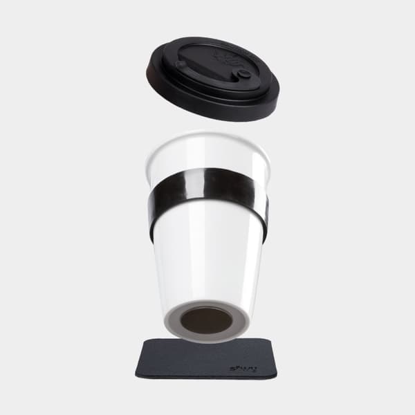 Magnetisk kaffe/tekopp i porslin Silwy Porcelain To-Go, vit/svart, 35 cl / 350 ml + magnetiskt glasunderlägg + lock