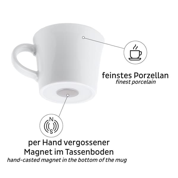 Magnetiska espressokoppar i porslin Silwy Porcelain Magnetic Espresso Cups, vit, 7 cl / 70 ml, 2-pack + magnetiska glasunderlägg
