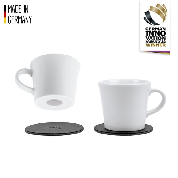 Magnetiska espressokoppar i porslin Silwy Porcelain Magnetic Espresso Cups, vit, 7 cl / 70 ml, 2-pack + magnetiska glasunderlägg