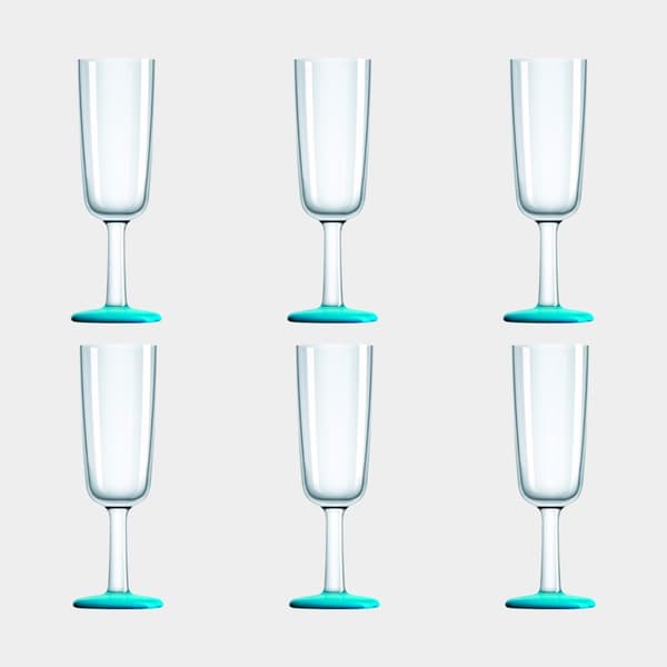 Champagneglas i plast Palm Flute Bleu Lagon, non-slip, transparent/turkos, 18 cl, 6-pack