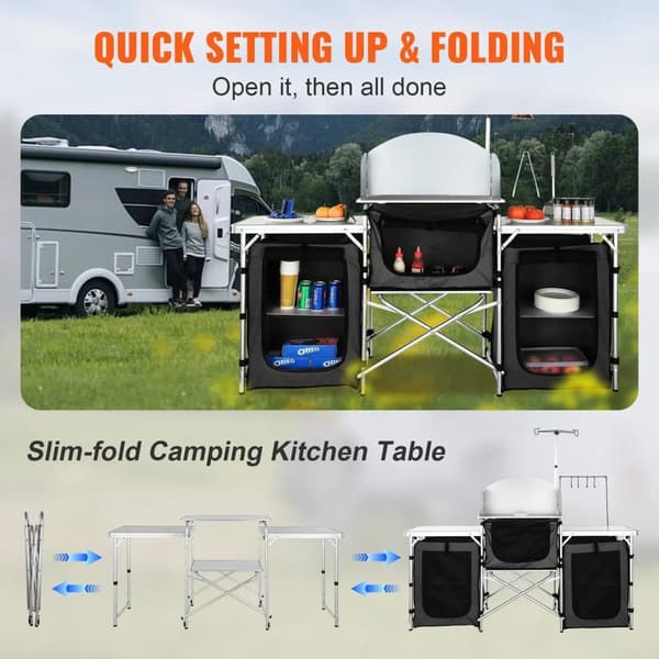 174x46x176cm portabelt hopfällbart utomhus köksbord, camping matlagningsbord, utmärkt utrymmeshantering, lätt att sätta upp