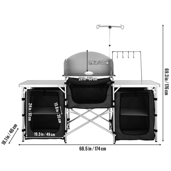 174x46x176cm portabelt hopfällbart utomhus köksbord, camping matlagningsbord, utmärkt utrymmeshantering, lätt att sätta upp