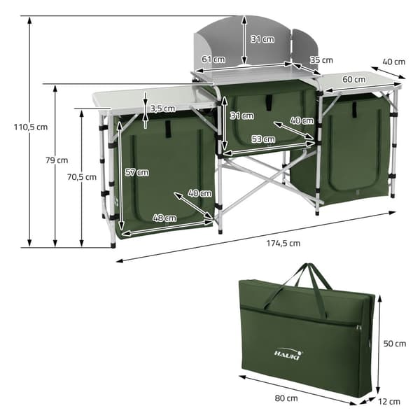 Campingkøkken sammenklappeligt med bæretaske Khaki af aluminium inkl. bordplade Hauki