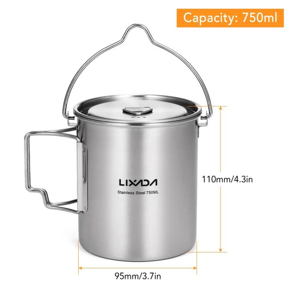 Rustfrit Stål Campinggryde, 750 ml Kapacitet, Foldbart Håndtag,750 ml gryde