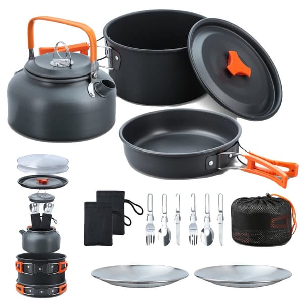 Camping Madlavningssæt, Premium Aluminium & Rustfrit Stål, Non-Stick Stegepande,Appelsin