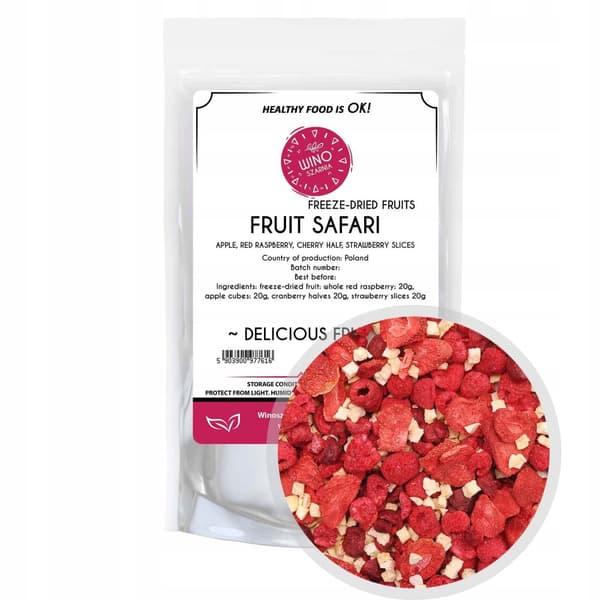 Hedelmä Safari Pakastekuivattu sekoitus Omena Vadelma Mansikka Kirsikka 80g Doypack