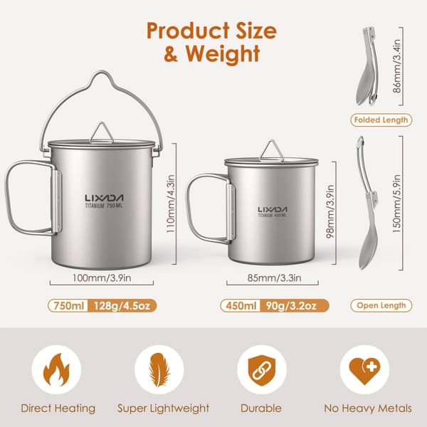 Lixada Titanikoppset, 750 ml kastrullkapacitet, lättviktsdesign,Pottkoppset