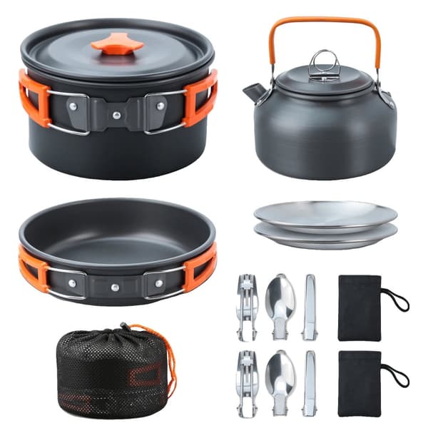 Camping madlavningssæt, non-stick aluminiumlegering, bærbar til 2-3 personer,Orange håndtag