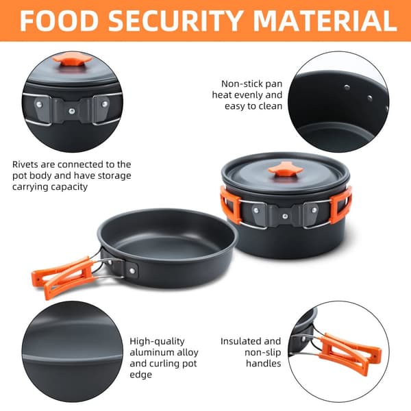 Camping Grydesæt, Holdbart Aluminiumlegering, Nem at Rengøre Non-Stick Design,Orange