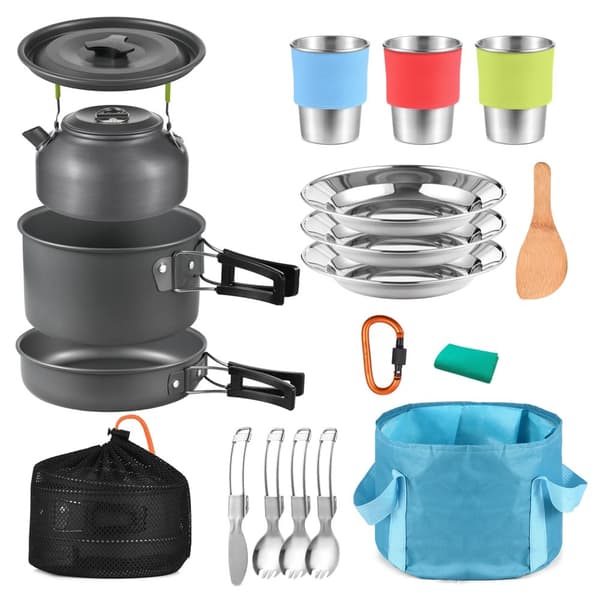Campingkökset, 21-delars messkit, non-stick, korrosionsbeständig,Ljusgrå