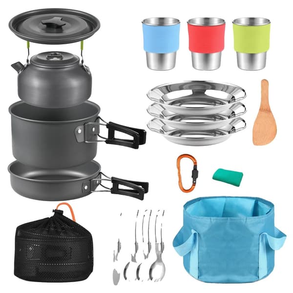 Campingkökset, 21-delars messkit, non-stick, korrosionsbeständig,Ljusgrå