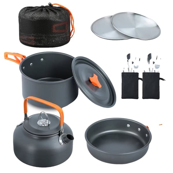 Camping Madlavningssæt, 16-delt sæt, Non-stick belægning, Letvægtsdesign,Appelsin