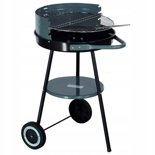 Rund träkolsgrill med hyllplan och hjul