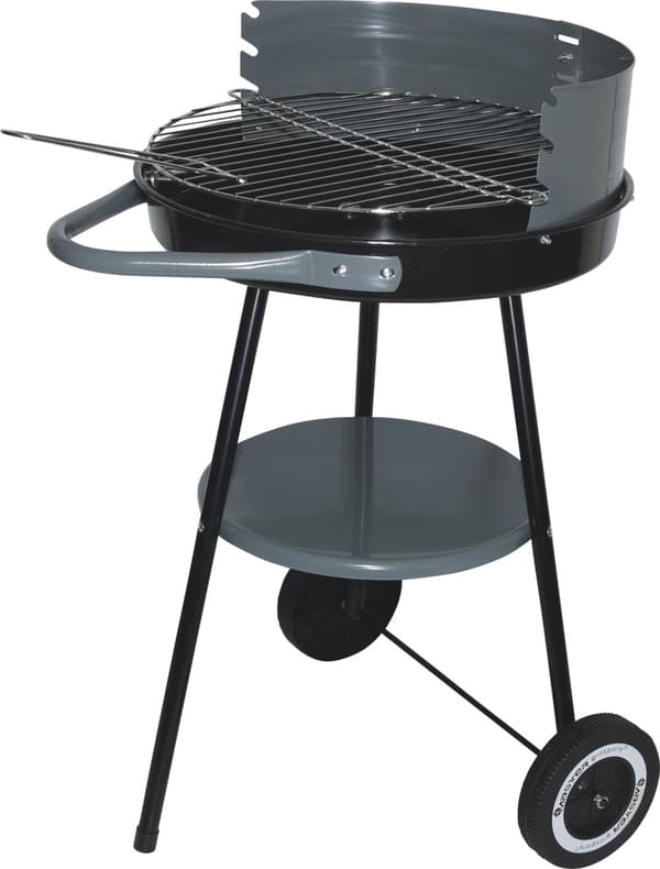 Rund träkolsgrill med hyllplan och hjul