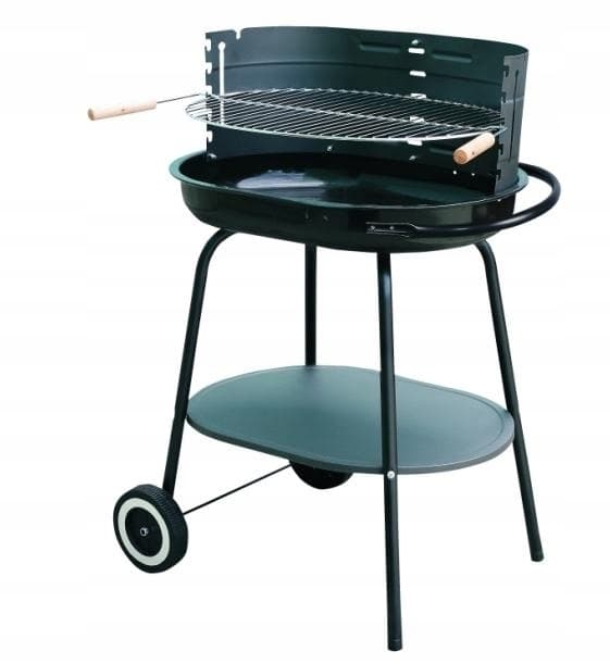 Oval träkolsgrill med hyllplan och hjul