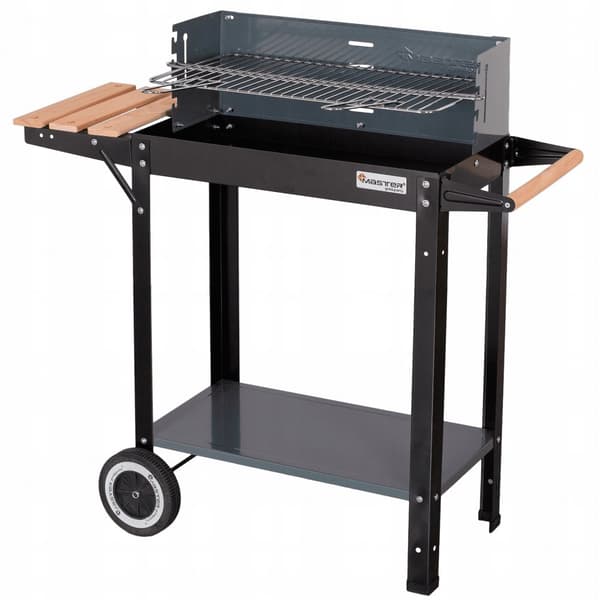 Trädgårdsgrill med kolgrill och hyllor på hjul