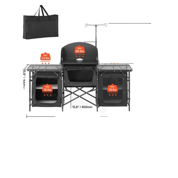 Campingkökbord, aluminium bärbar matlagningsstation, förvaringsfack, enkel uppsättning,svart