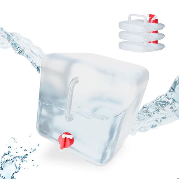 Relaxdays Set med 4 vikbara flaskor, kran, skruvlock, handtag, vatten, camping, 20 liter, transparent/röd