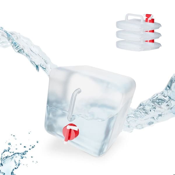 Relaxdays Set om 4 vikbara kanistrar, kran, skruvkork, handtag, vatten, camping, 5 liter, transparent/röd