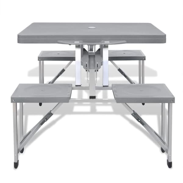 Foldbart campingbordsæt med 4 taburetter i aluminium, ekstra let, grå