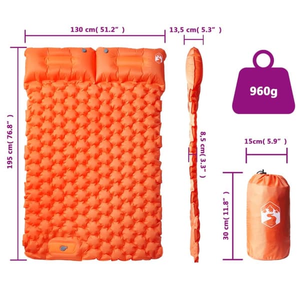 vidaXL Självuppblåsande campingmadrass med kuddar 2 personer orange