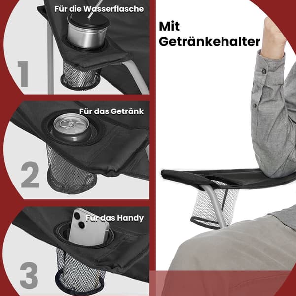 Foldestole sæt af 2 - Campingstole med armlæn - bærbar og robust - sort