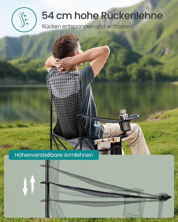 Campingstolsæt med 2 med justerbare armlæn, Leigrijs