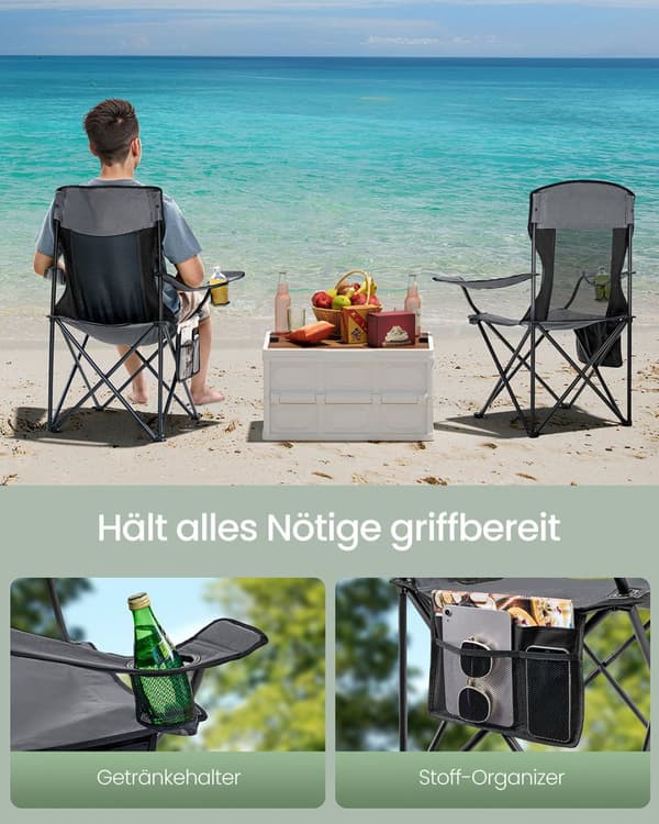Campingstolsæt med 2 med justerbare armlæn, Leigrijs