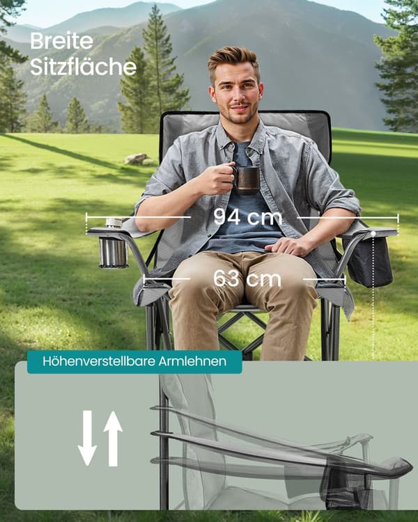 Campingstol med kopholder og skumfyldning, Leigrijs