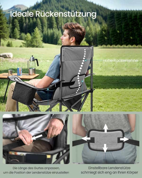 Campingstol med kopholder og skumfyldning, Leigrijs