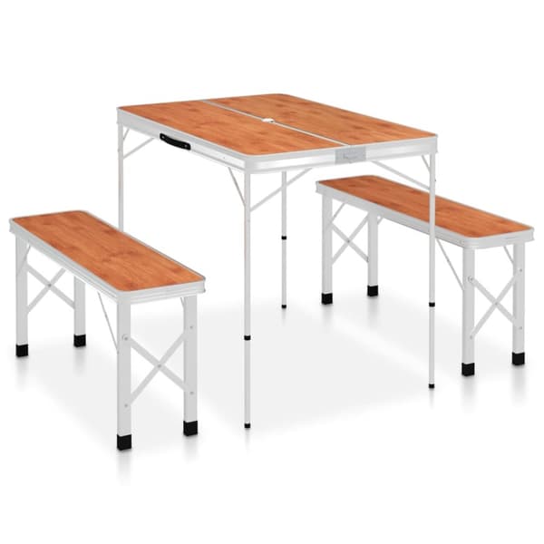 Hopfällbart campingbord med 2 bänkar aluminium brun