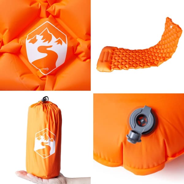 Uppblåsbar campingmadrass med kudde 1 person orange
