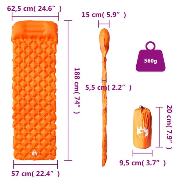 Uppblåsbar campingmadrass med kudde 1 person orange