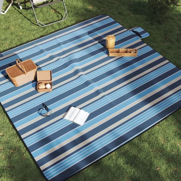 Picknickfilt vikbar blå och vit randig 200x200 cm sammet
