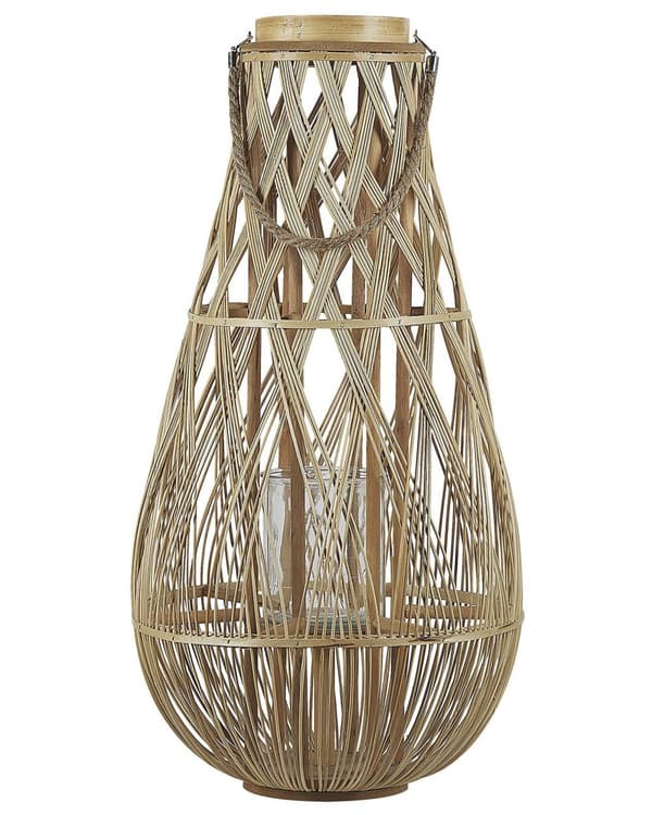 Ljuslykta Ljus Bambuträ och Glas 77 cm Inomhus Utomhus Vävd Ljushållare Skandinavisk Boho
