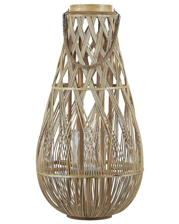 Ljuslykta Ljus Bambuträ och Glas 77 cm Inomhus Utomhus Vävd Ljushållare Skandinavisk Boho