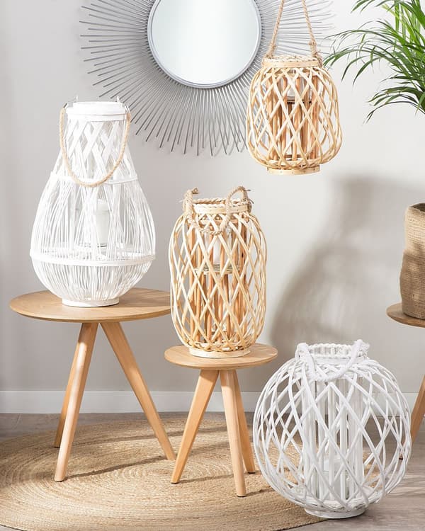 Ljuslykta Vit Bambuträ och Glas 56 cm Inomhus Utomhus Skandinavisk