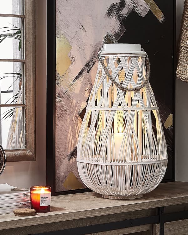 Ljuslykta Vit Bambuträ och Glas 56 cm Inomhus Utomhus Skandinavisk