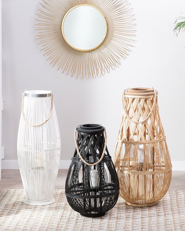 Ljuslykta Svart Bambuträ och Glas 56 cm Inomhus Utomhus Skandinavisk