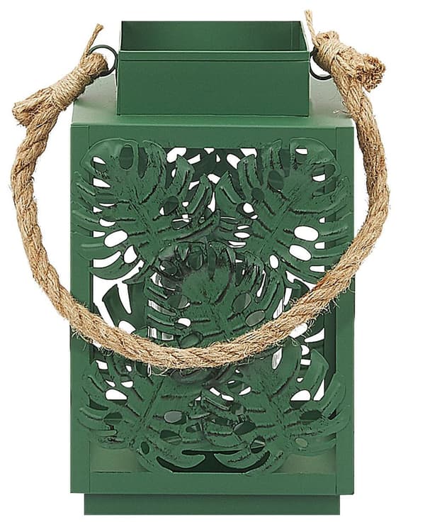 Ljuslykta Grön Metall 25 cm Glas Ljushållare med Monstera Blad motiv Boho Dekoration