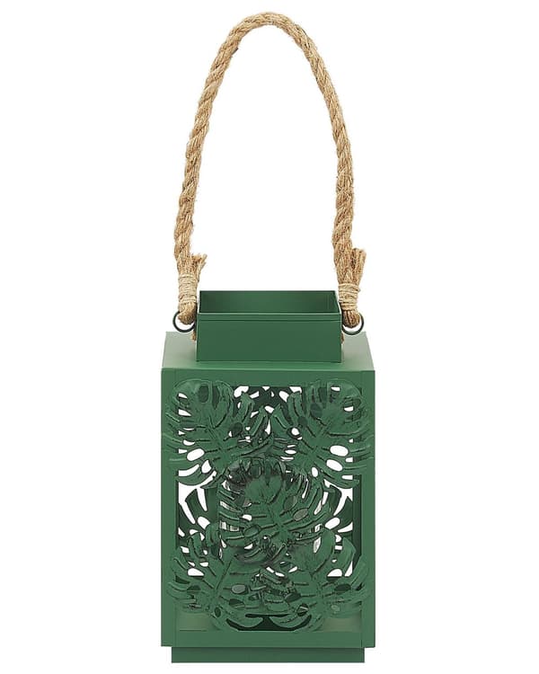 Ljuslykta Grön Metall 25 cm Glas Ljushållare med Monstera Blad motiv Boho Dekoration