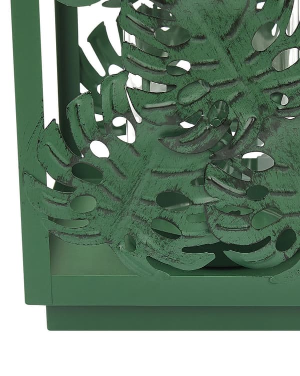 Ljuslykta Grön Metall 25 cm Glas Ljushållare med Monstera Blad motiv Boho Dekoration
