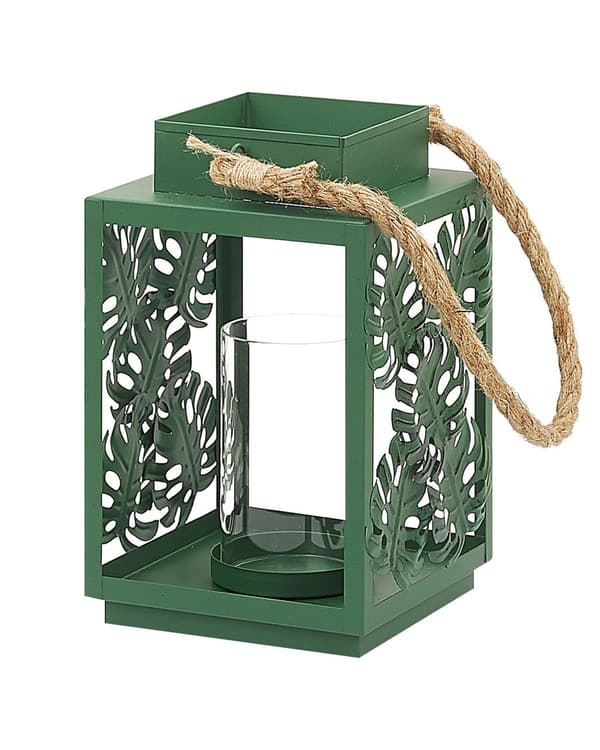 Ljuslykta Grön Metall 25 cm Glas Ljushållare med Monstera Blad motiv Boho Dekoration