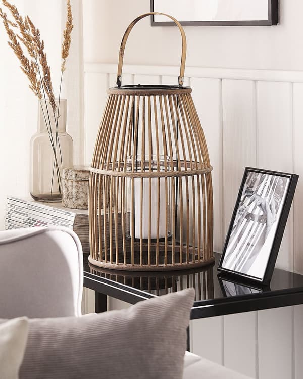 Ljuslykta Beige Bambuträ 32 cm med Glashållare Boho Stil