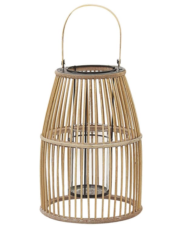Ljuslykta Beige Bambuträ 32 cm med Glashållare Boho Stil