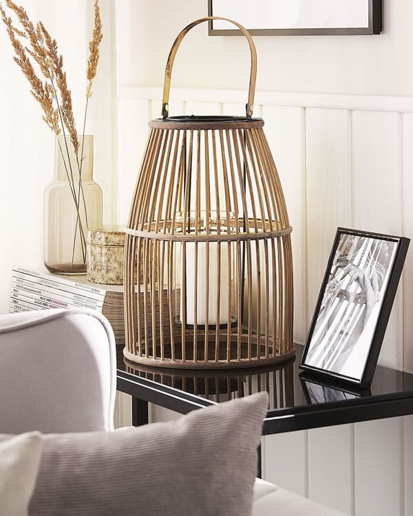 Ljuslykta Beige Bambuträ 32 cm med Glashållare Boho Stil